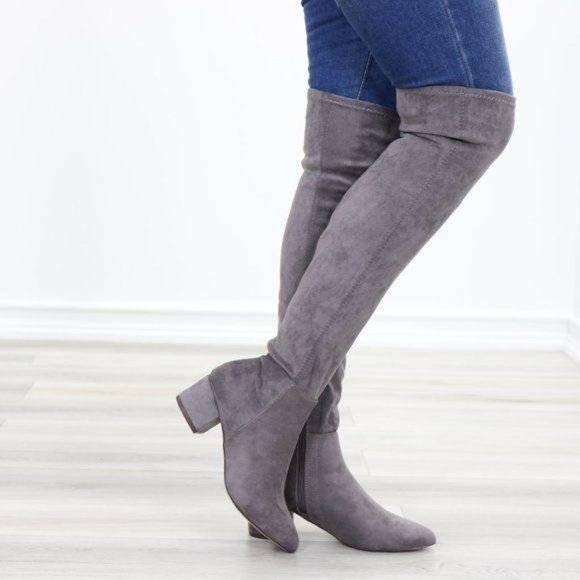 Shoes - Pointy Toe Over The Knee Gray Boots Faux Suede